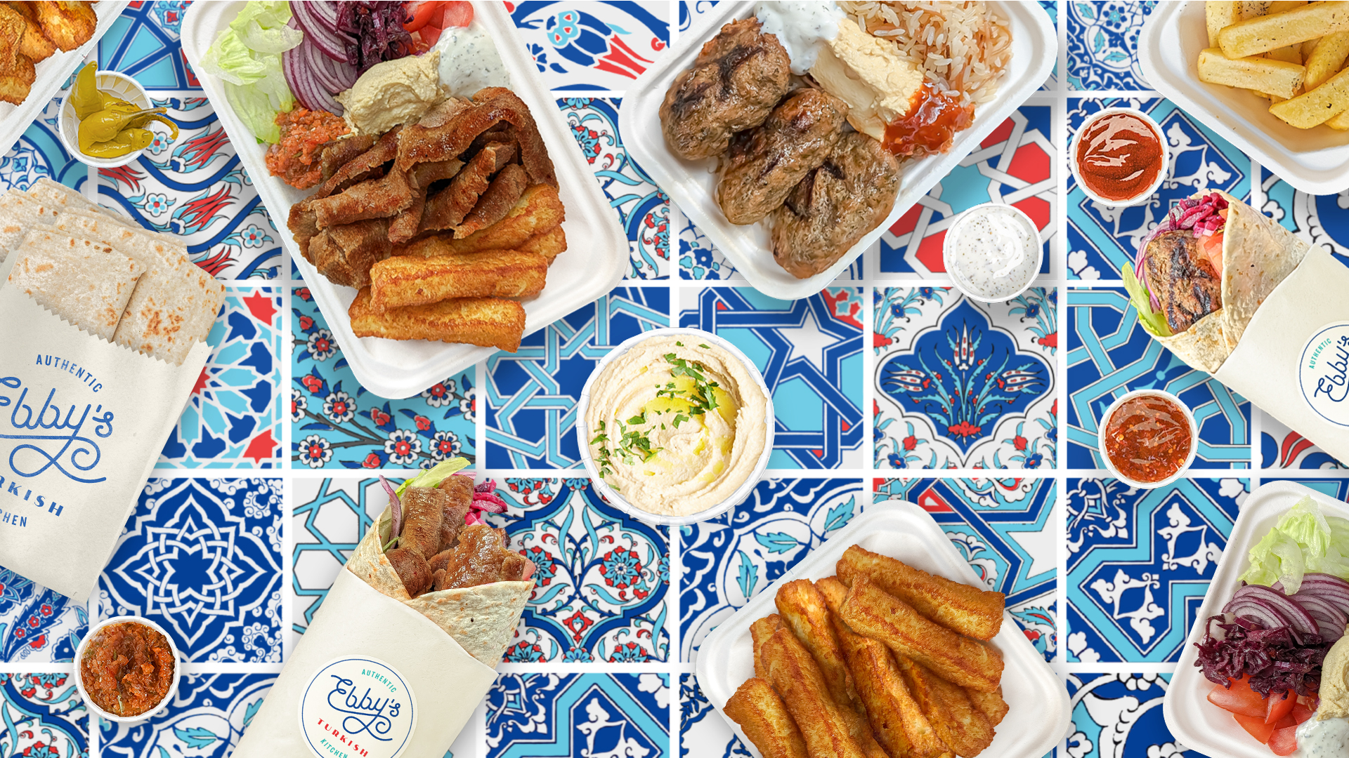 Authentic Turkish street food, köfte(meatball), halloumi, döner kebab, falafel, rice(pilav) box, wraps, salad, hummus, chips.